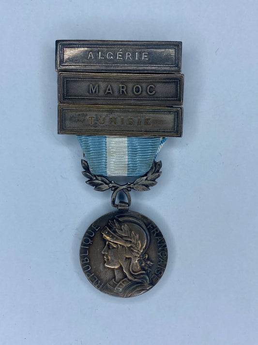 FRANCE COLONIAL MEDAL WITH 3 BARS. ALGERIE, MOROCO, TUNISIE.
