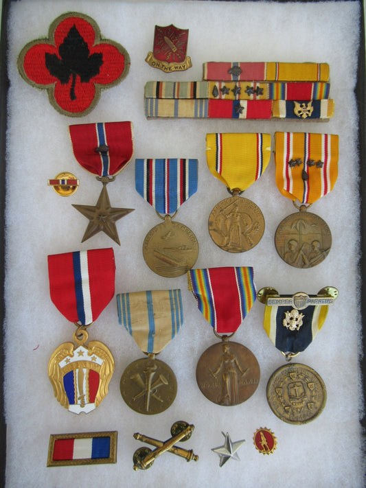 USA GROUP OF MEDALS DOCUMENTS BELONGING TO MAJ. GEN. WALDO FISH INCLUDING HIS NAMED BRONZE STAR, SERVICE RIBBON BAR, OTHER MEDALS AND INSIGNIA. NICE GROUP!