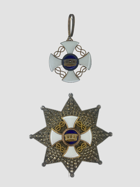 ITALY ORDER OF THE CROWN GRAND OFFICER NECK BADGE AND BREAST STAR. GOLD. AND SILVER. RARE!