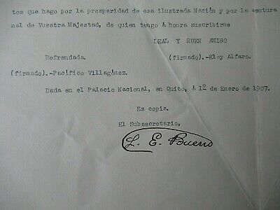EQUADOR 1907 LETTER FROM THE PRESIDENT TO KING OF ROMANIA ANNOUNCING