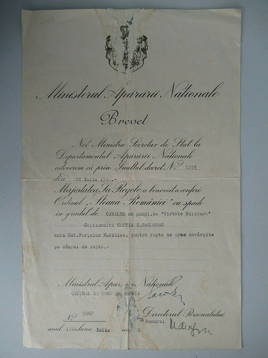 ROMANIA 1944 DOCUMENT FOR STAR ORDER KNIGHT GRADE WITH SWORDS. TYPE 2.