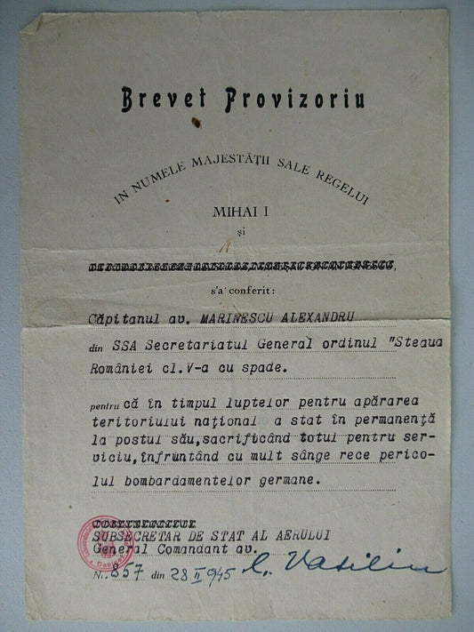 ROMANIA 1945 PROVISIONARY DOCUMENT FOR CROWN ORDER KNIGHT GRADE WITH S