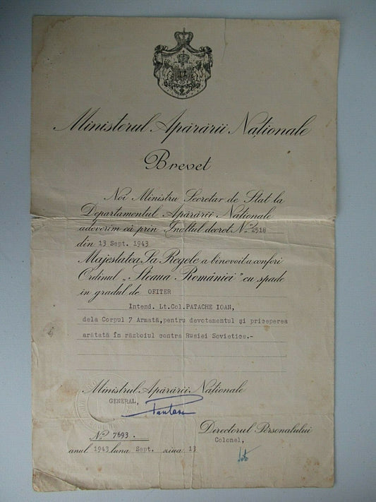 ROMANIA 1943 DOCUMENT FOR STAR ORDER OFFICER GRADE WITH SWORDS. TYPE 2