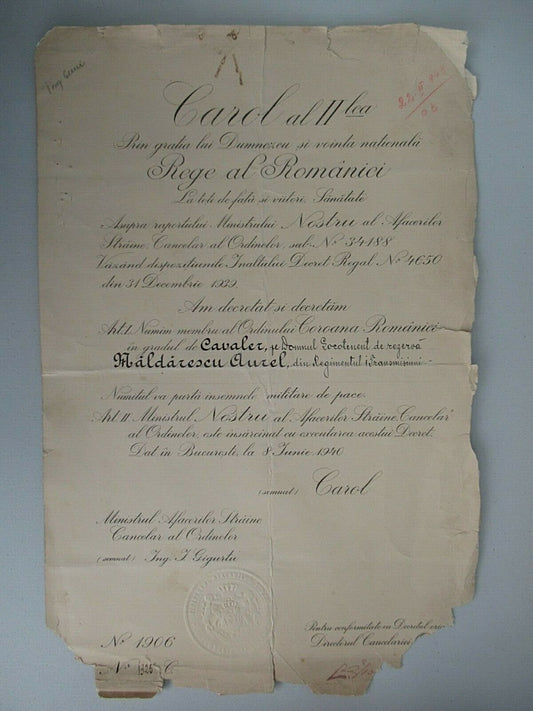 ROMANIA 1906 DOCUMENT FOR CROWN ORDER KNIGHT GRADE W/O SWORDS . TYPE 1