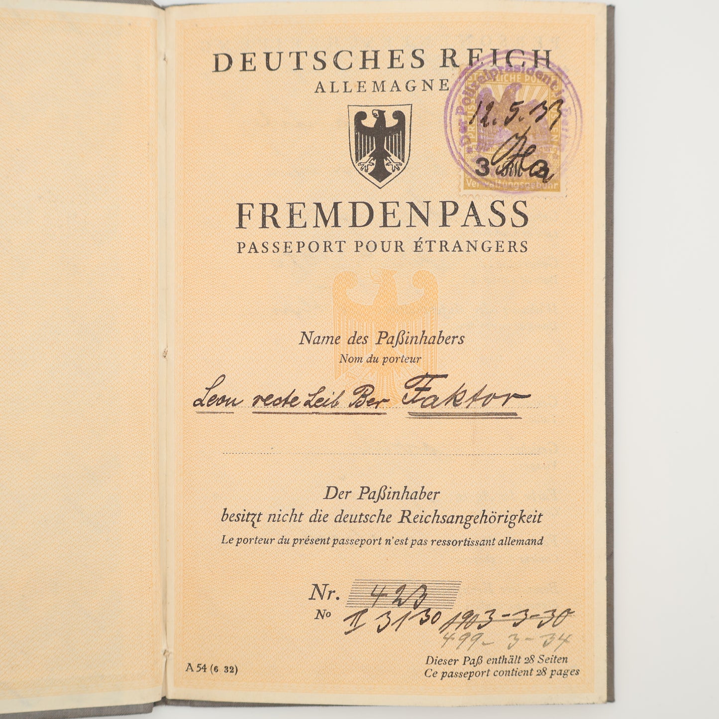 1933 German Imperial Passport for foreign citizens