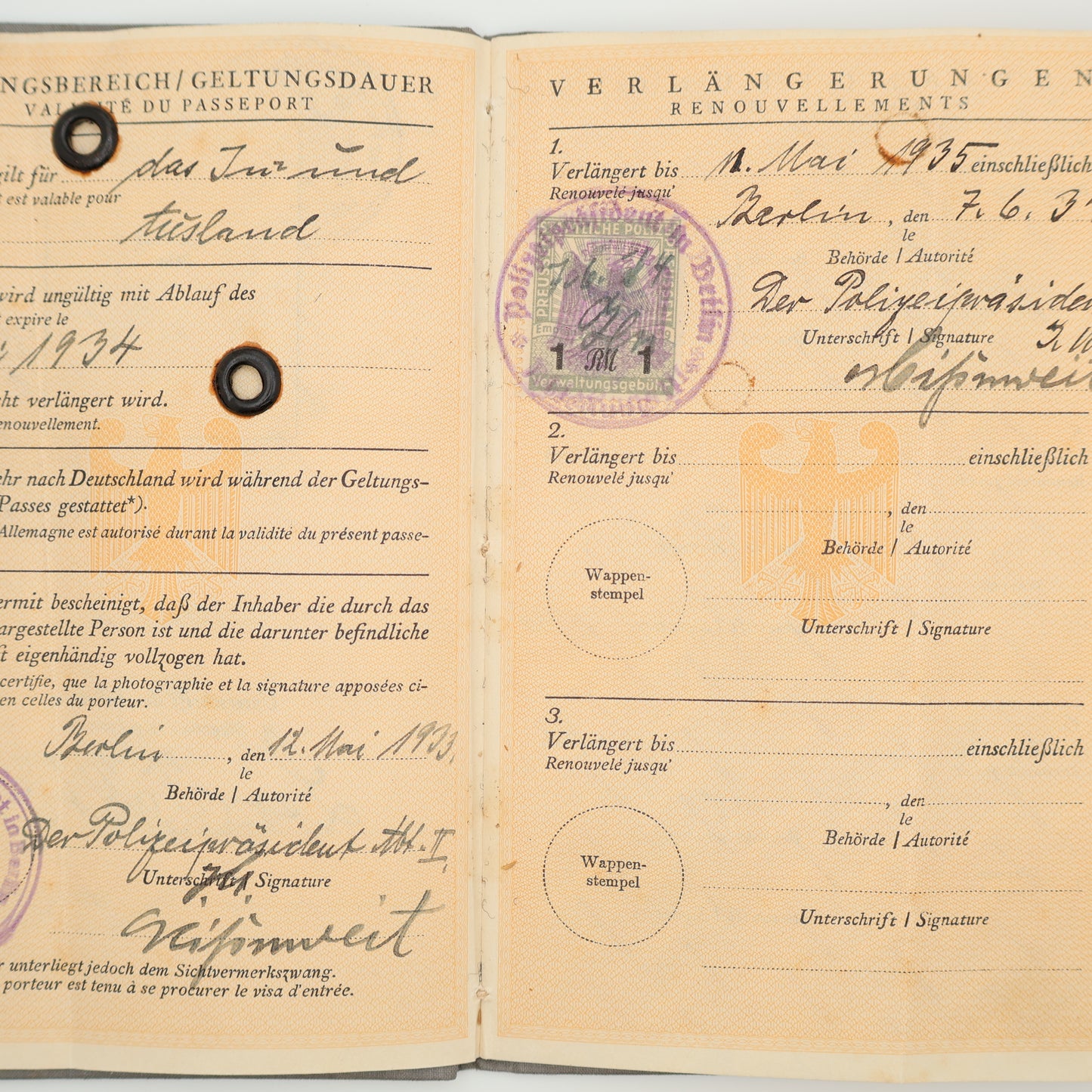 1933 German Imperial Passport for foreign citizens