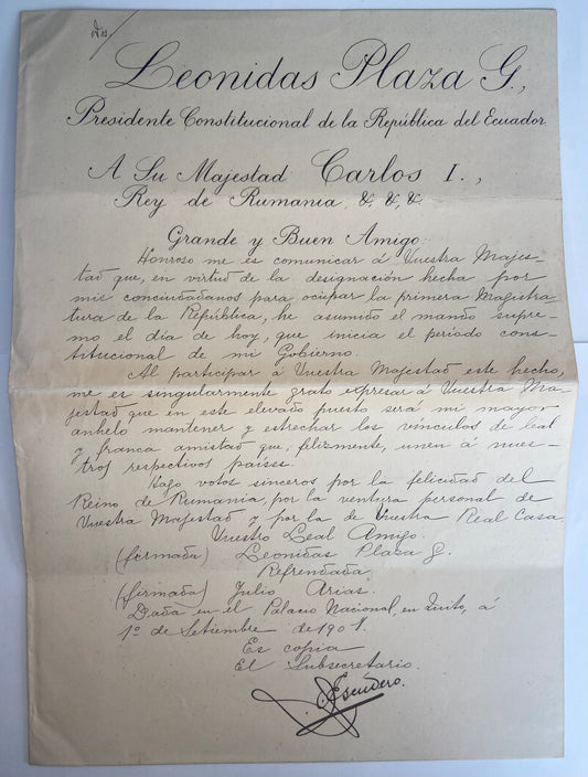 Republic of Equador 1902 letter from the Constitutional President Leonidas Plaza Gutierrez to the King of Romania Carol I