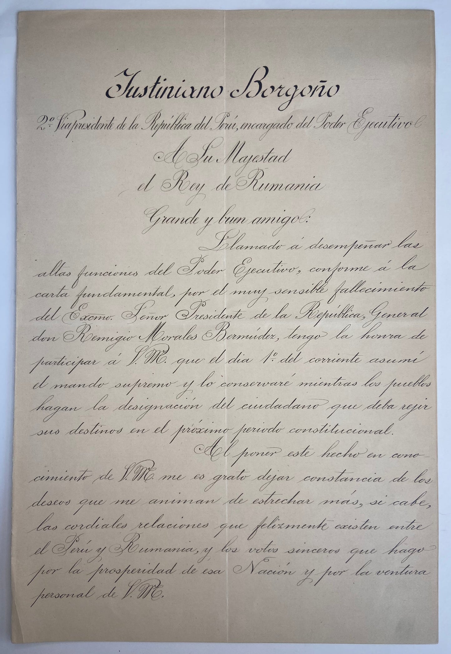 Peru 1894 letter from the President Justiniano Borgono to the King of Romania Carol I