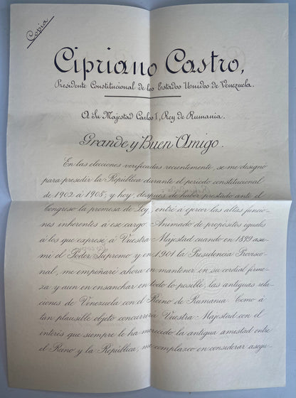 Venezuela 1902 letter from the Constitutional President Cipriano Castro to the King of Romania Carol I