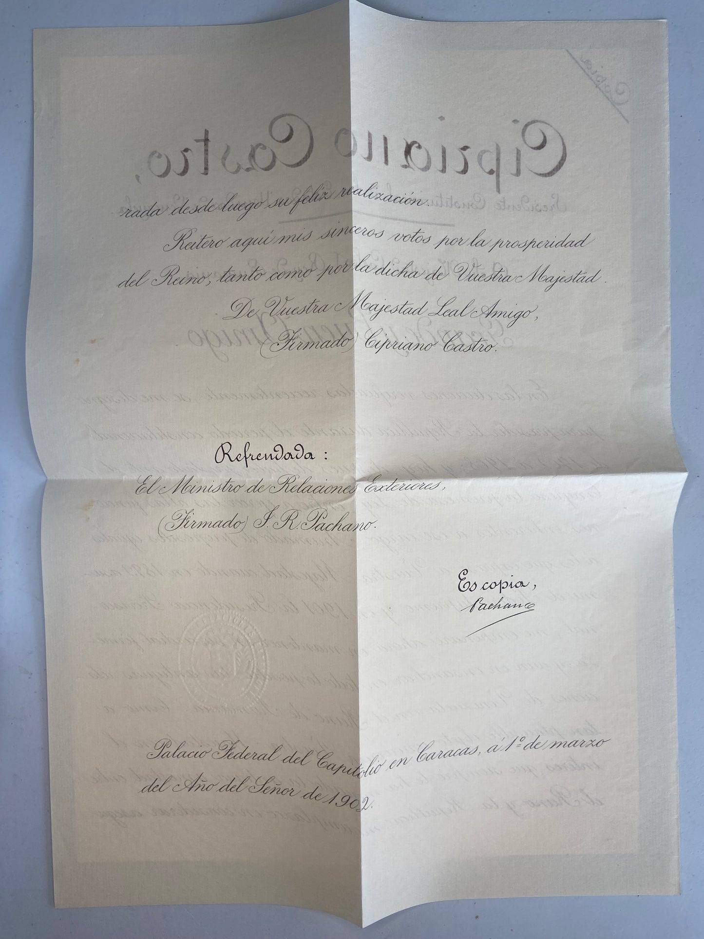 Venezuela 1902 letter from the Constitutional President Cipriano Castro to the King of Romania Carol I