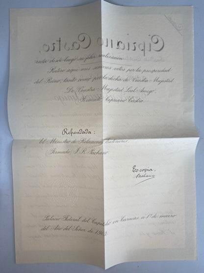 Venezuela 1902 letter from the Constitutional President Cipriano Castro to the King of Romania Carol I