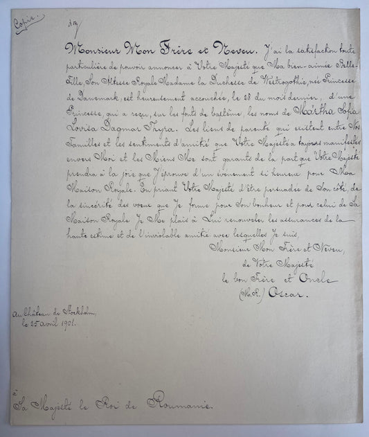 Sweden 1901 hand written letter from King Oscar of Sweden to the King of Romania Carol I