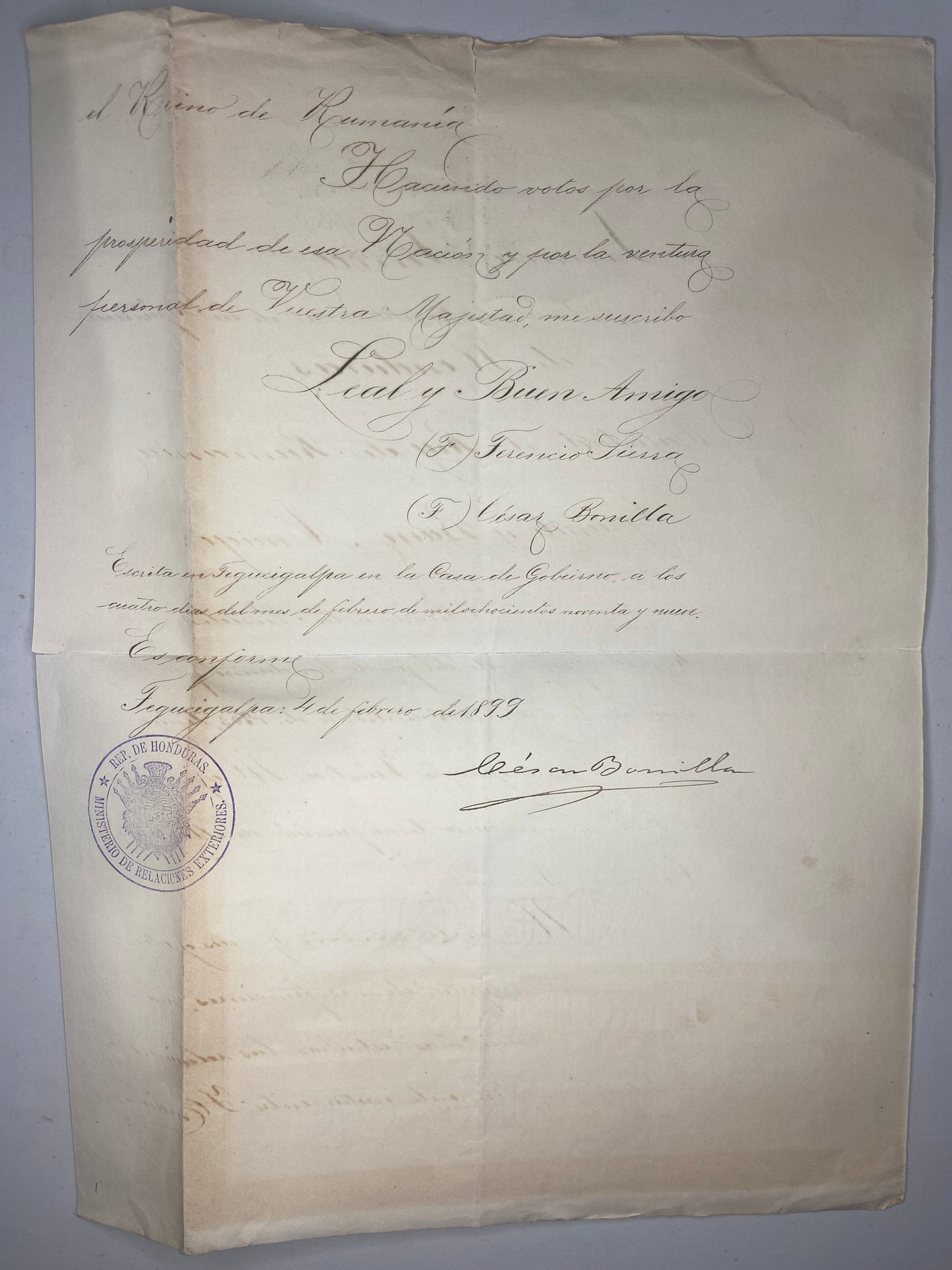 Honduras 1899 letter from the Constitutional President to the king of Romania