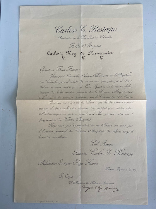 1910 Colombia Letter from the President, Carlos E. Restrepo to the King of Romania King Carol I