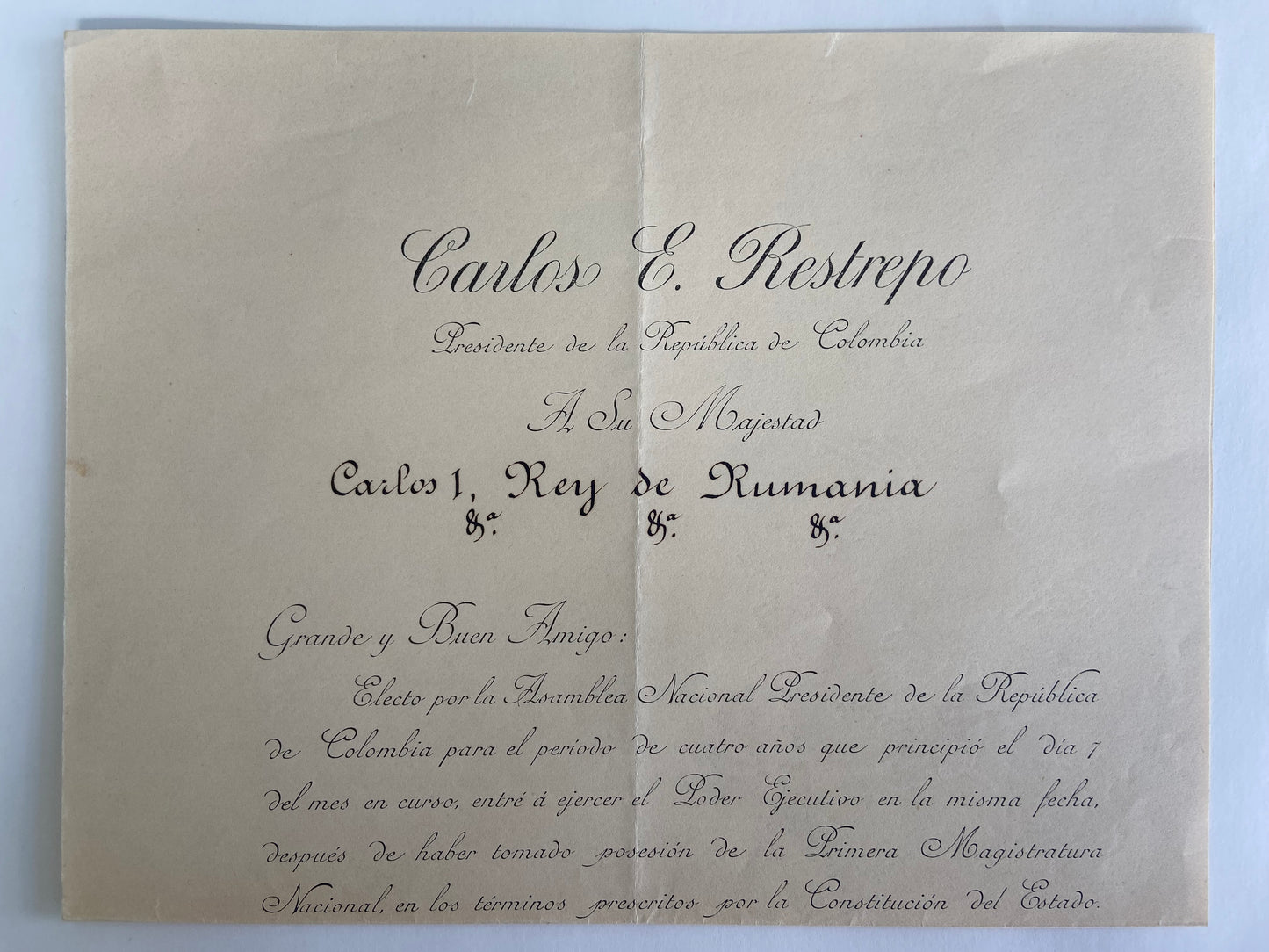 1910 Colombia Letter from the President, Carlos E. Restrepo to the King of Romania King Carol I