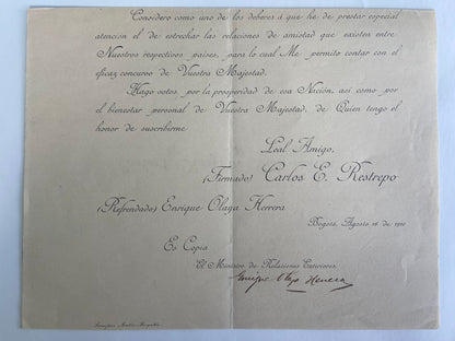 1910 Colombia Letter from the President, Carlos E. Restrepo to the King of Romania King Carol I