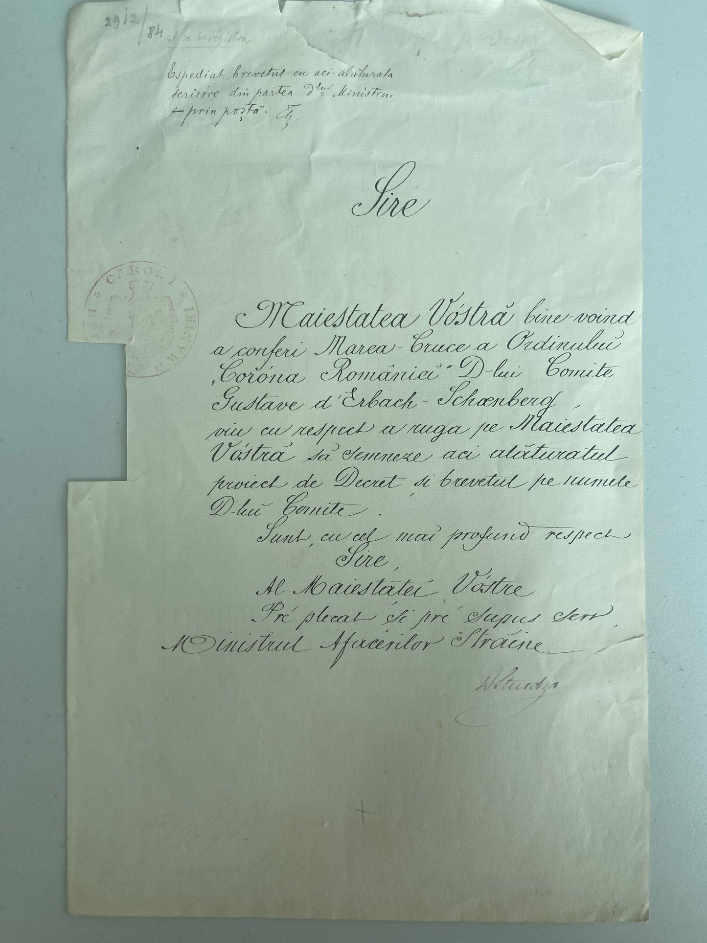 Romanian Kingdom Document Circa 1870 Hand Signed by the Minister of Foreign Affairs D. Sturdza