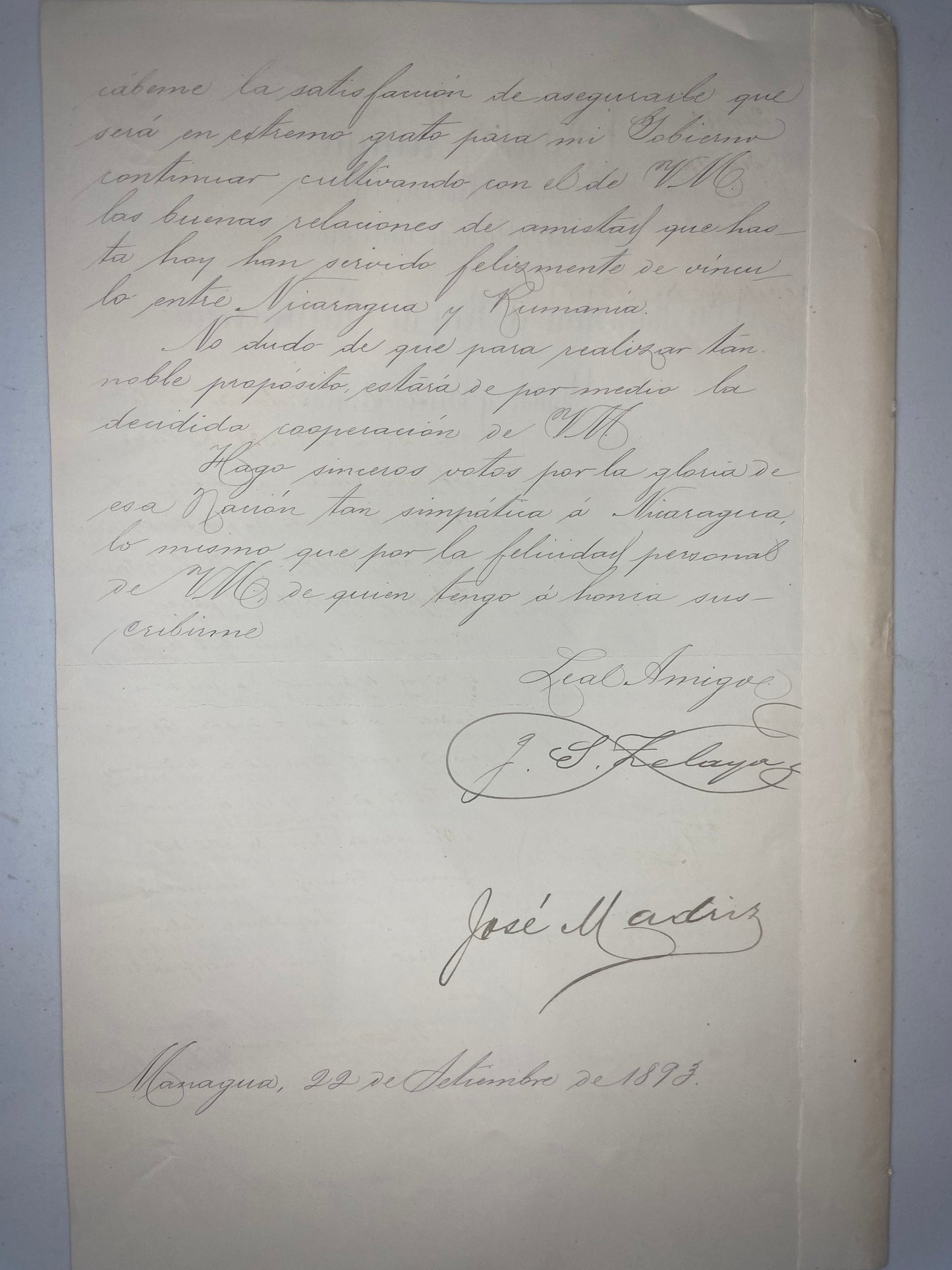 1893 Nicaragua Document Hand Signed by the Provisional President Santos Zelaya and the Minister of Foreign Affairs