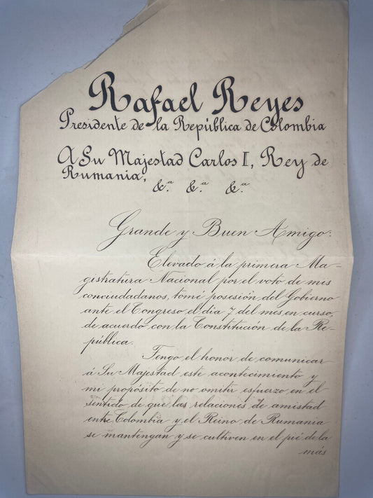 Colombia 1904 hand signed letter from the President of the Republic of Colombia to King Carol I of Romania