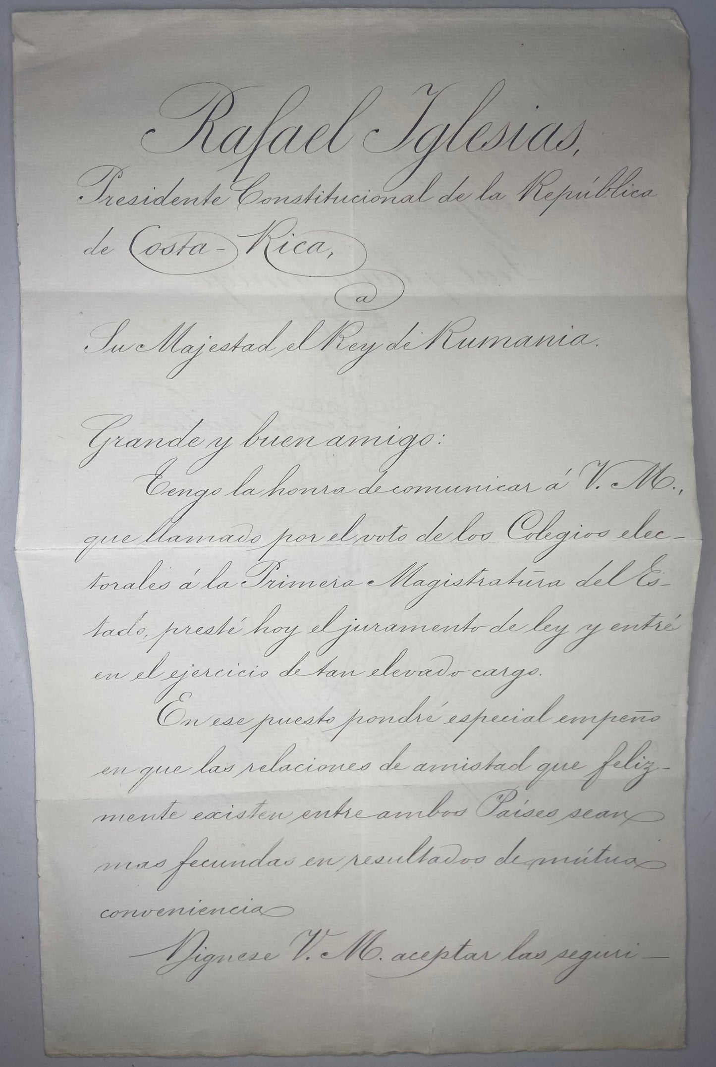 Costa Rica 1894 hand signed letter from the Constitutional President to the king of Romania