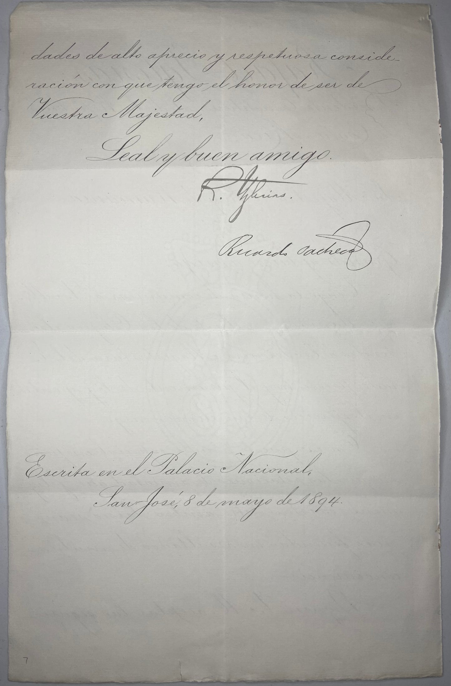 Costa Rica 1894 hand signed letter from the Constitutional President to the king of Romania