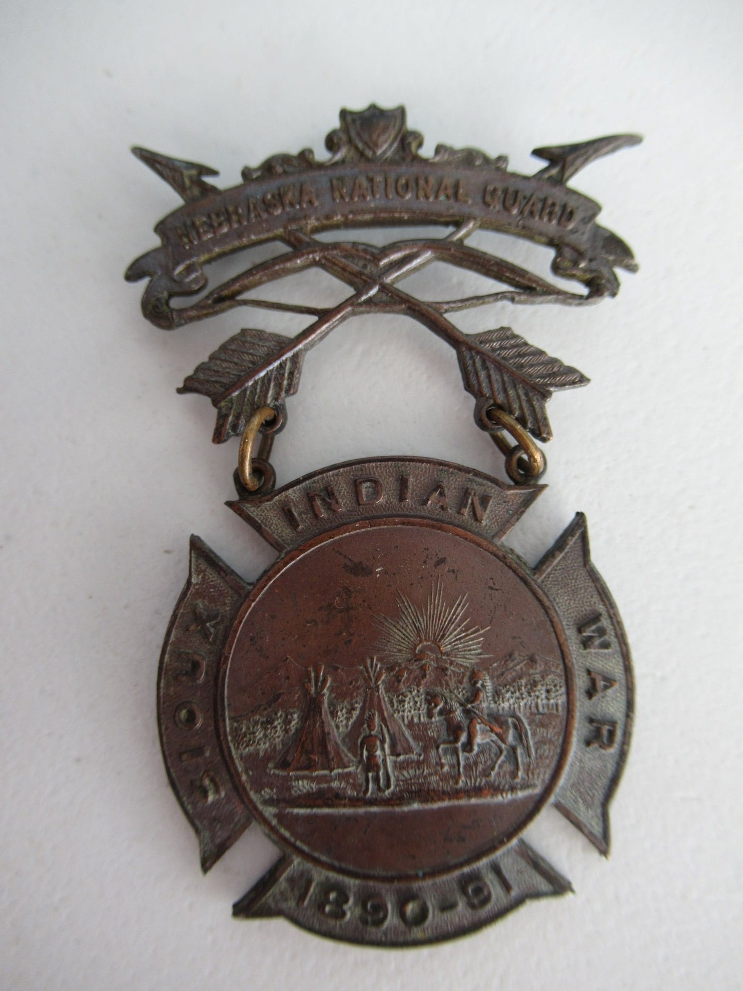 USA NEBRASKA NATIONAL GUARD SIOUX INDIAN WARS MEDAL 1890.  INSCRIBED ON REVERSE "FOR SERVICES RENDERED THE STATE OF NEBRASKA" RRR!