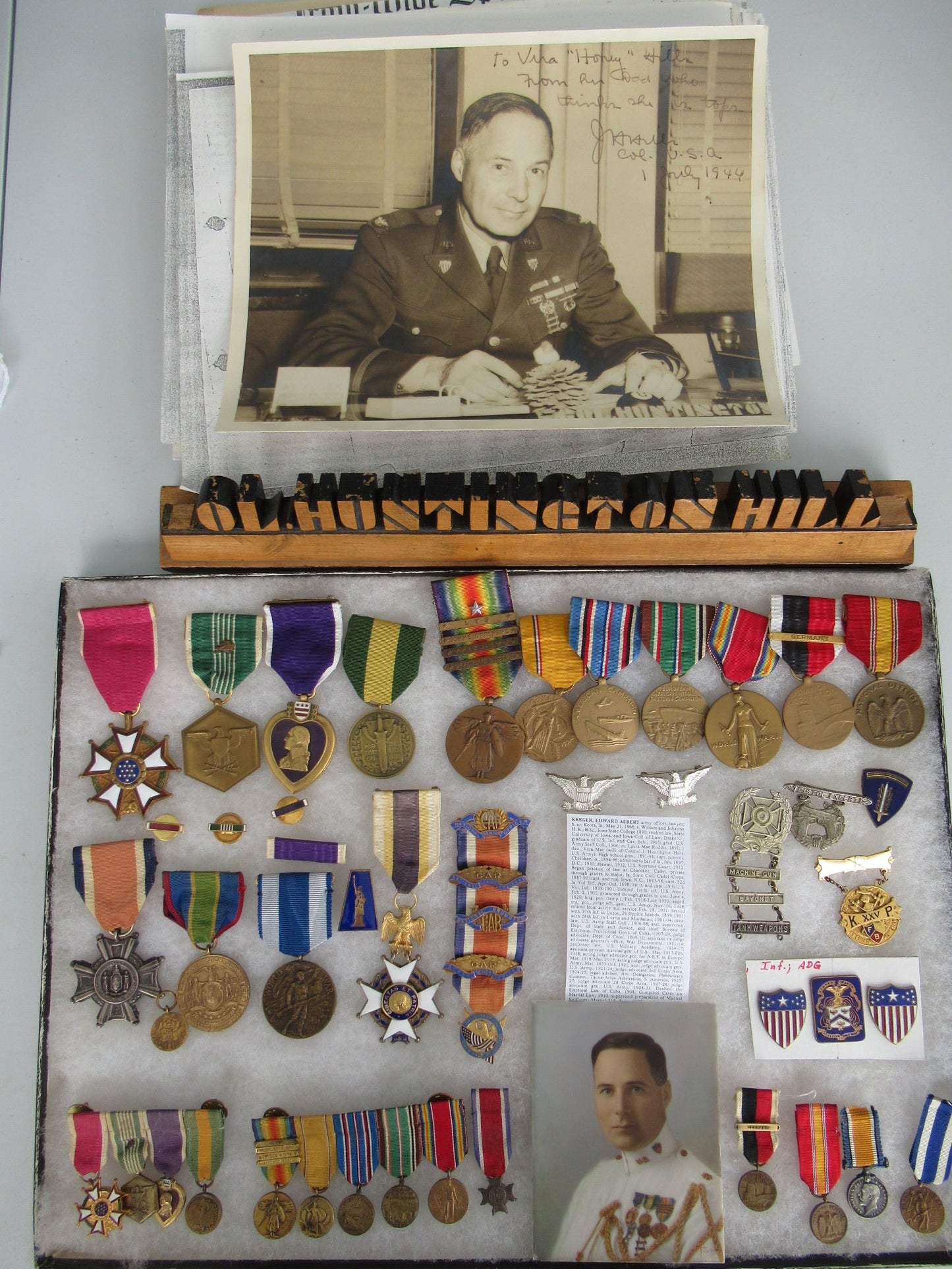USA COMPLETE GROUP OF MEDALS BELONGING TO GENERAL HUNTINGTON HILL FEATURING A PURPLE HEART FOR VALOR AND MANY OTHER NAMED MEDALS