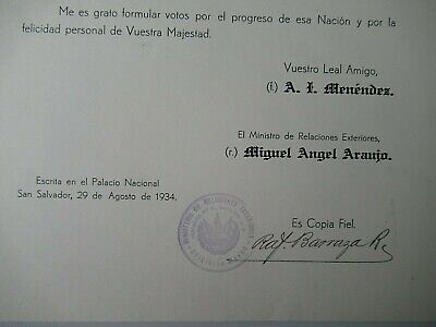 EL SALVADOR 1934  LETTER FROM THE PRESIDENT TO KING OF ROMANIA ANNOUNC