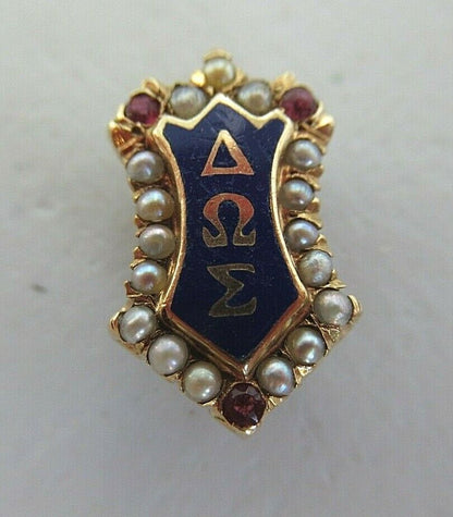 USA FRATERNITY PIN DELTA OMEGA SIGMA. MADE IN GOLD 14K RUBIES. NAMED M