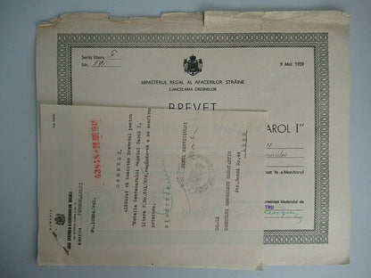 ROMANIA 1939 DOCUMENT FOR KING CAROL I CENTENNIAL MEDAL FOR CIVIL SERV