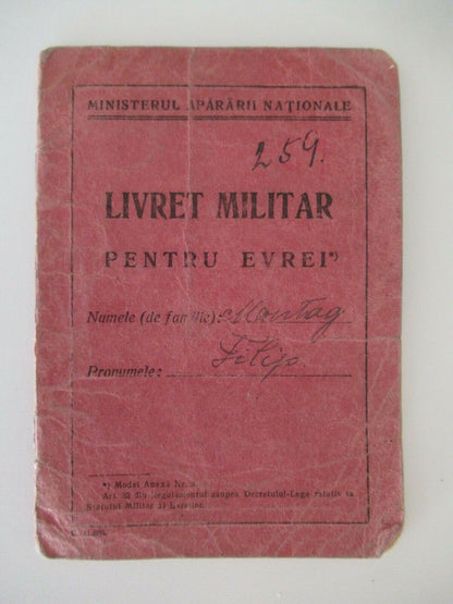 ROMANIA SOLDIER'S DOCUMENT BOOKLET FOR JEWISH SOLDIERS. RARE!!! MEDAL