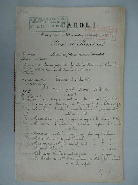 ROMANIA 1906 LOYAL SERIVICE DOCUMENT MULTIPLE RECIPIENT HAND SIGNED KI