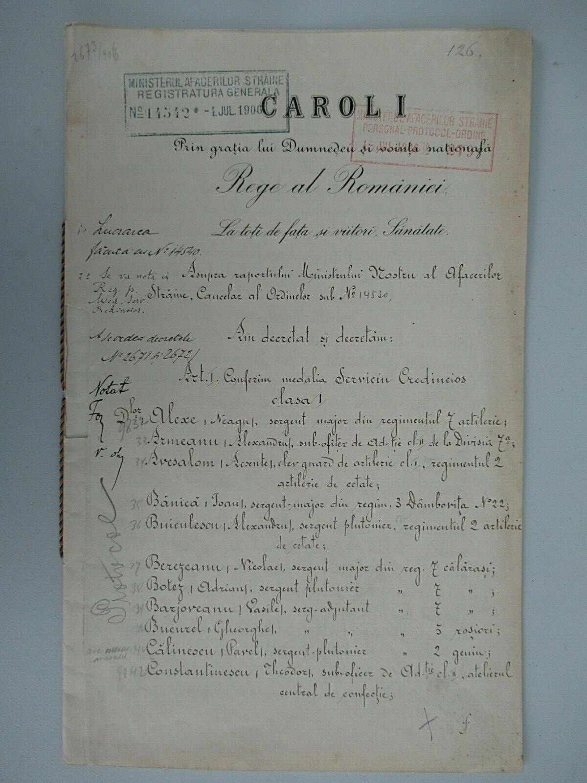 ROMANIA 1906 LOYAL SERIVICE DOCUMENT MULTIPLE RECIPIENT HAND SIGNED KI