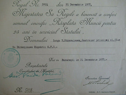 ROMANIA KINGDOM 1932 DOCUMENT FOR 25 YEAR CIVIL SERVICE CROSS MEDAL. R