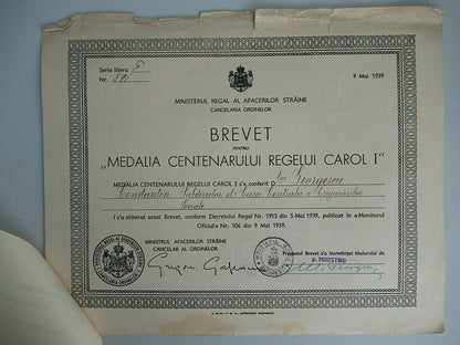 ROMANIA 1939 DOCUMENT FOR KING CAROL I CENTENNIAL MEDAL FOR CIVIL SERV