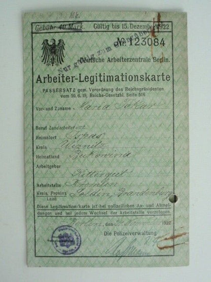 GERMANY 1922 LABOR BOOKLET FOR FOREIGNERS. DOCUMENT. RARE! MEDAL