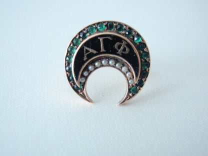 USA FRATERNITY PIN ALPHA GAMMA PHI RING. MADE IN GOLD. EMERALDS. NAMED