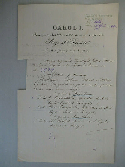 ROMANIA 1885 CROWN ORDER GRAND CROSS DOCUMENT HAND SIGNED KING CAROL I